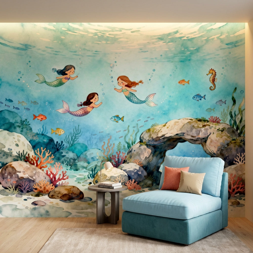 Whimsical Watercolor Mermaid Mural Luxury Nursery Wallpaper – lifestyle view, Golden Era Walls