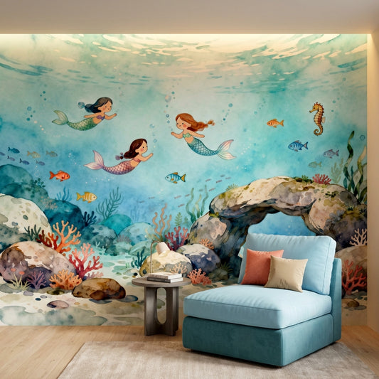 Whimsical Watercolor Mermaid Mural Luxury Nursery Wallpaper – lifestyle view, Golden Era Walls