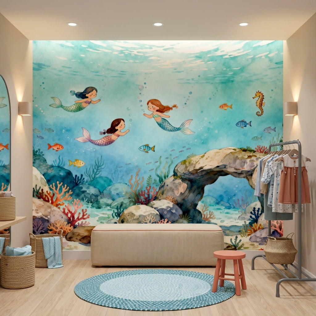 Whimsical Watercolor Mermaid Mural Luxury Nursery Wallpaper – detail view, Golden Era Walls