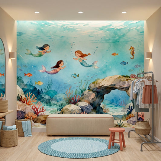 Whimsical Watercolor Mermaid Mural Luxury Nursery Wallpaper – detail view, Golden Era Walls