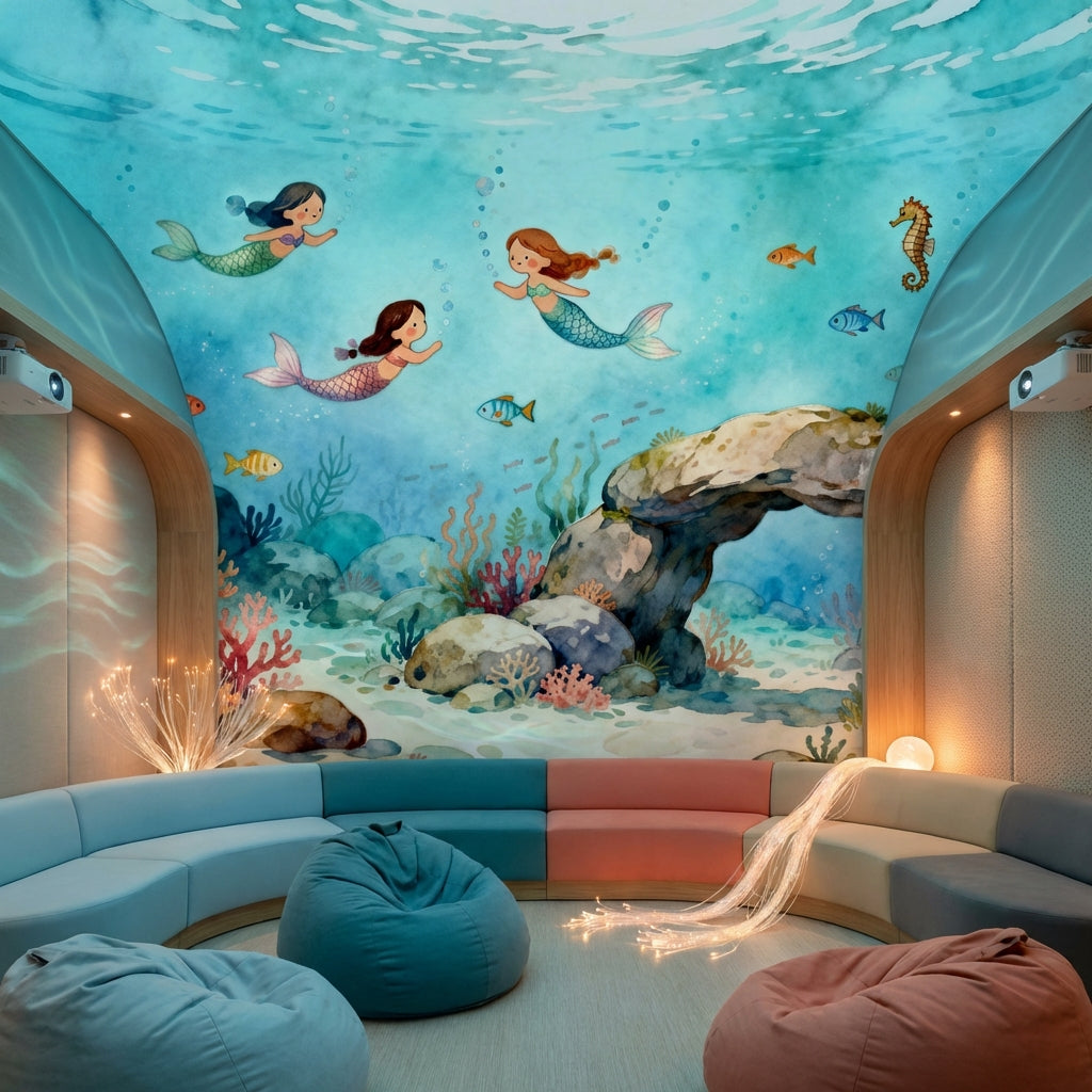 Whimsical Watercolor Mermaid Mural Luxury Nursery Wallpaper – scale reference, Golden Era Walls