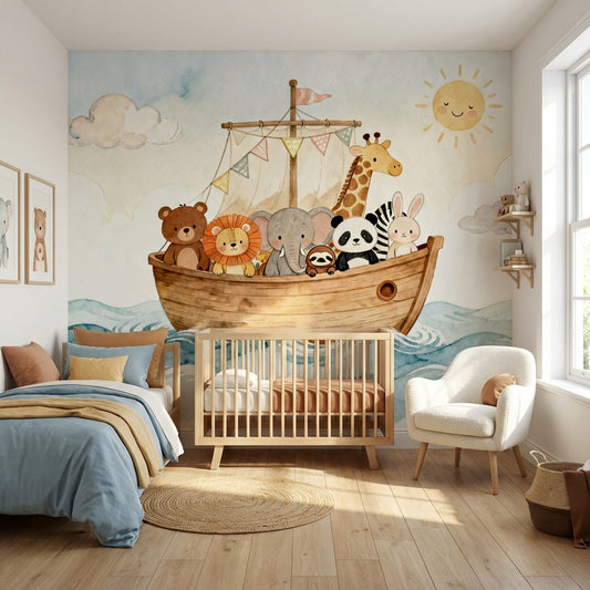 Whimsical Watercolor Noahs Ark Nursery Mural Soft Ocean Animal – peel and stick wallpaper mural, Golden Era Walls