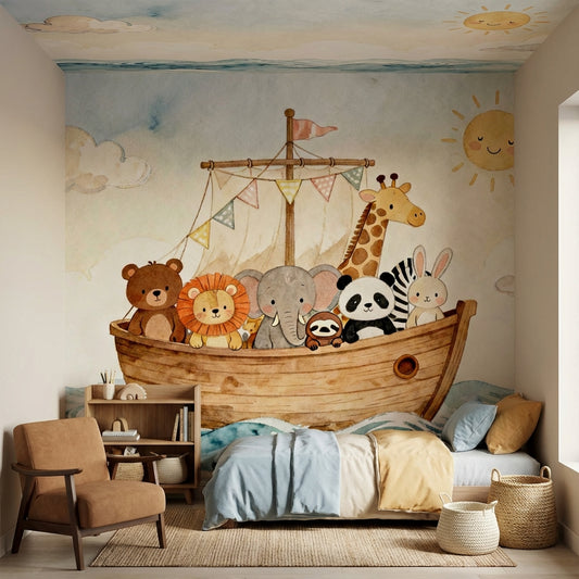 Whimsical Watercolor Noahs Ark Nursery Mural Soft Ocean Animal – room setting, Golden Era Walls