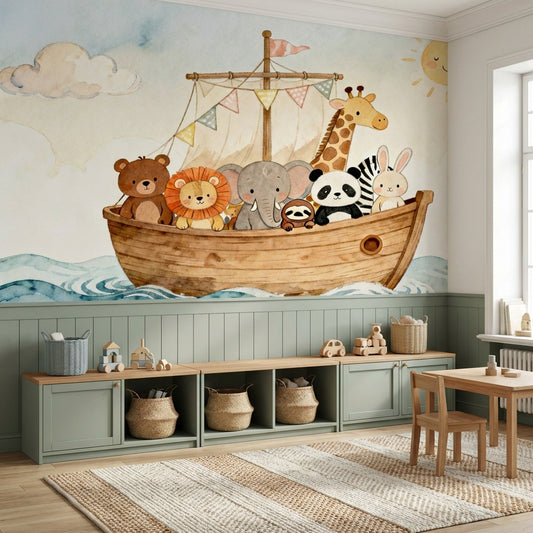 Whimsical Watercolor Noahs Ark Nursery Mural Soft Ocean Animal – lifestyle view, Golden Era Walls
