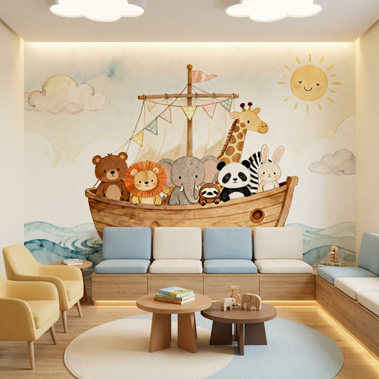 Whimsical Watercolor Noahs Ark Nursery Mural Soft Ocean Animal – detail view, Golden Era Walls