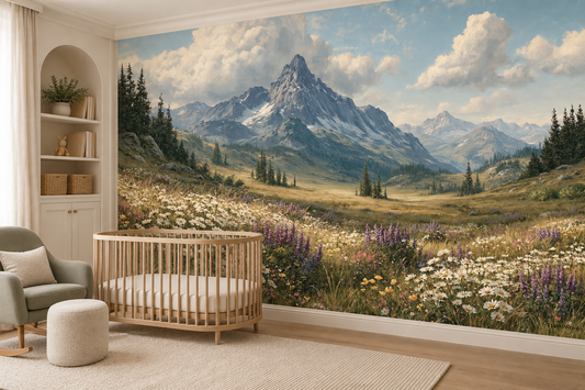 Snowy peak and wildflower meadow wall mural in a nursery with a wooden crib, a sage armchair and a built-in arched shelf