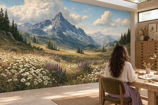 Mountain meadow mural behind a woman working at a wood desk in a bright botanical studio with a wooden flat-file cabinet