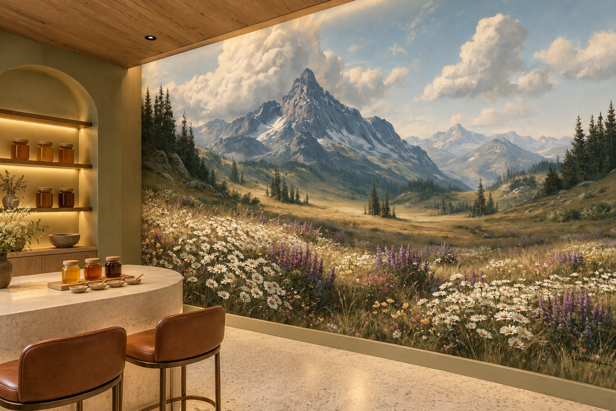 Alpine wildflower mural in a boutique tasting room with an arched shelf of honey jars, a curved wood counter and leather bar stools