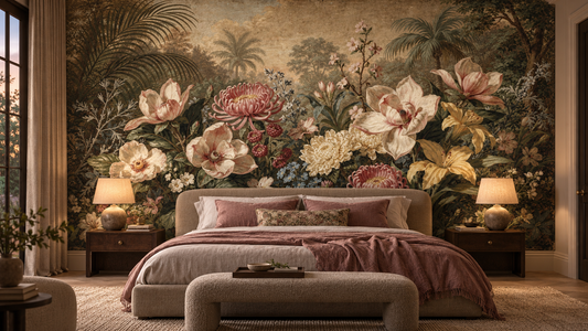 Antique floral mural behind a taupe upholstered bed with dusty rose bedding, dark wood nightstands and two table lamps