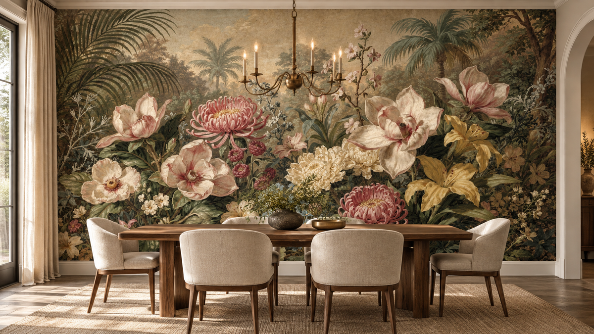 Sepia chrysanthemum and magnolia mural behind a long walnut dining table with cream chairs and a candle chandelier