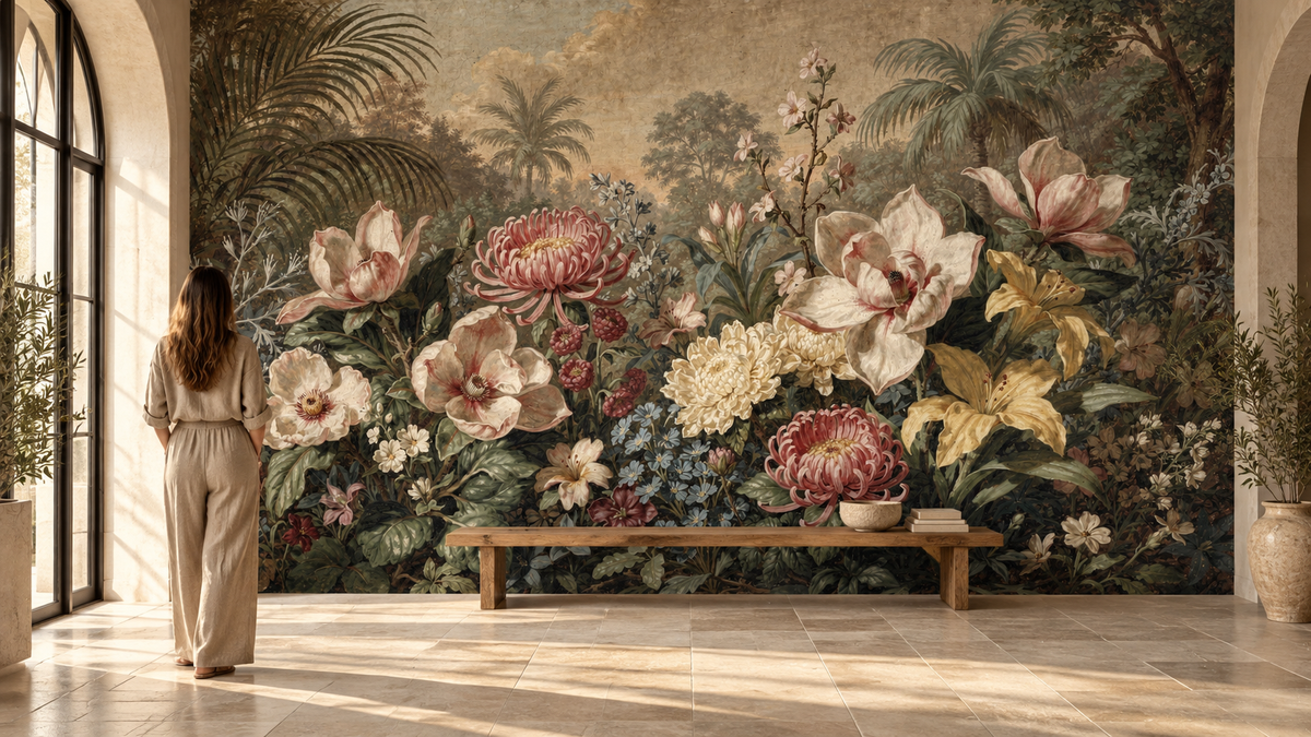 Antique sepia floral mural in an arched entryway with a woman in a linen jumpsuit beside a wooden bench