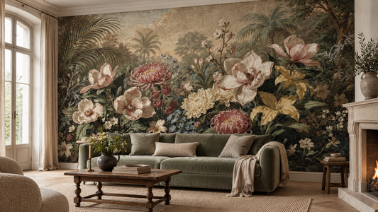 Antique sepia magnolia mural behind a sage velvet sofa, a rustic wood coffee table and a stone fireplace