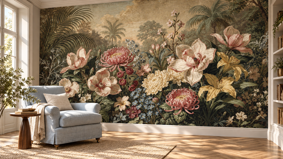 Antique garden mural beside a pale blue slipcovered armchair, a round wood side table and built-in bookshelves