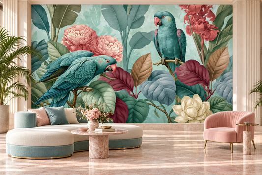 Aqua parrots and pink peonies tropical mural behind a curved cream and teal sofa, a pink marble coffee table and a blush armchair in a living room