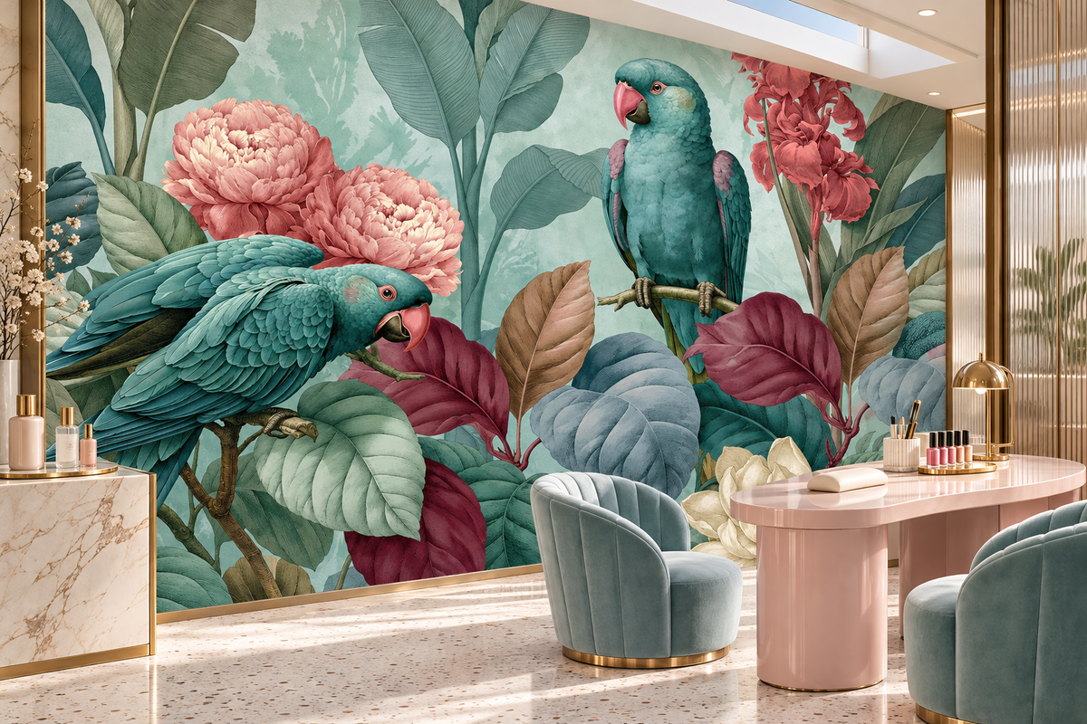 Teal parrot and peony wall mural in a beauty salon with a pink vanity table, teal velvet chairs and a marble console
