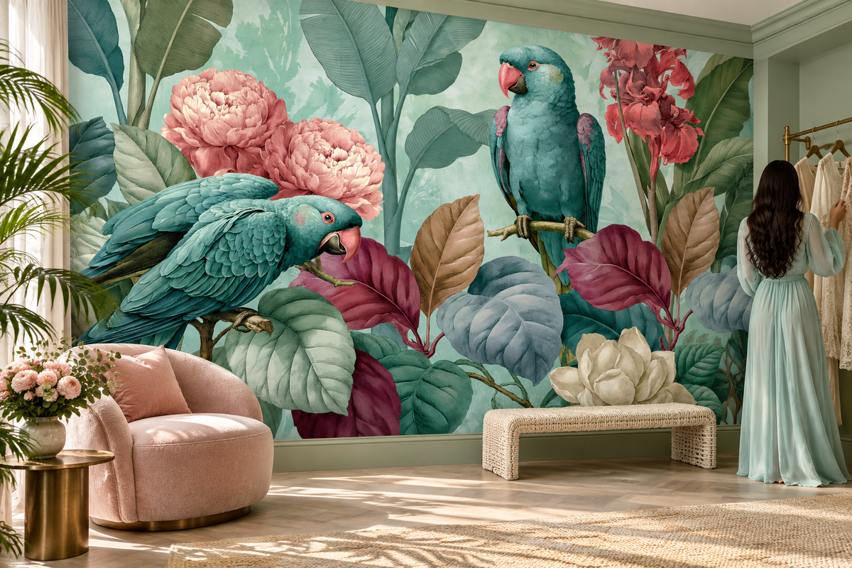Parrot and pink peony mural in a boutique dressing area with a woman in an aqua gown, a woven bench and a rack of clothes