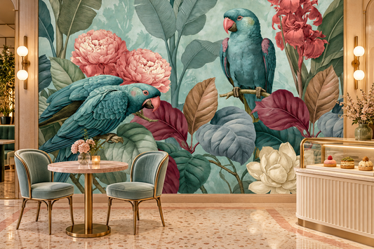 Aqua parrot and peony tropical mural in a patisserie cafe with a round pink marble table, teal chairs and a pastry counter