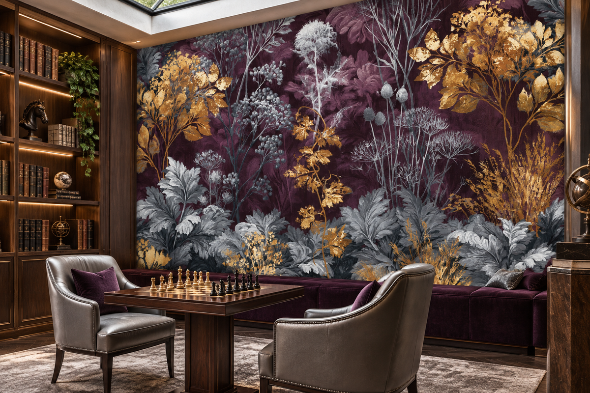 Plum and gold botanical wall mural in a home library with wood bookshelves, a chess table and two leather armchairs