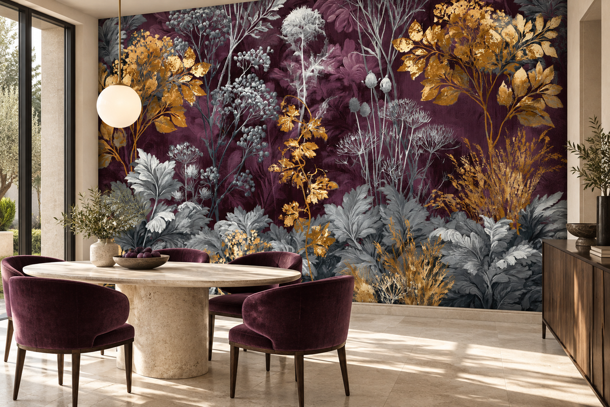 Aubergine, gold and silver wildflower mural in a dining room with a round travertine table, plum velvet chairs and a globe pendant light
