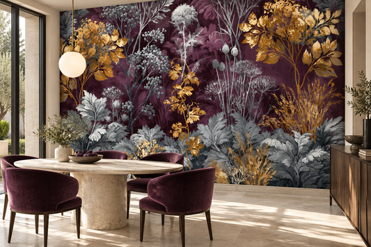 Aubergine, gold and silver wildflower mural in a dining room with a round travertine table, plum velvet chairs and a globe pendant light