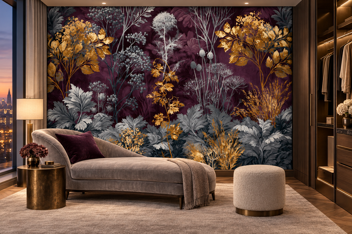 Gold and silver leaf mural on a plum background in a dressing lounge with a taupe chaise, a brass side table and a walk-in wardrobe