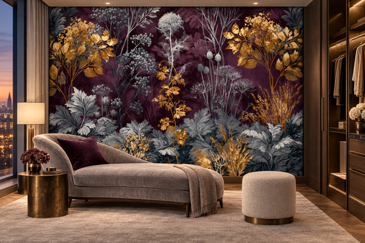 Gold and silver leaf mural on a plum background in a dressing lounge with a taupe chaise, a brass side table and a walk-in wardrobe