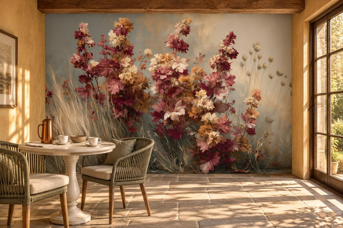 Autumn Meadow burgundy and rose wildflower wall mural in a sunlit breakfast nook with a round pedestal table and rattan chairs