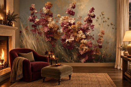 Rose and burgundy floral wallpaper mural behind a burgundy velvet armchair and olive ottoman beside a lit fireplace