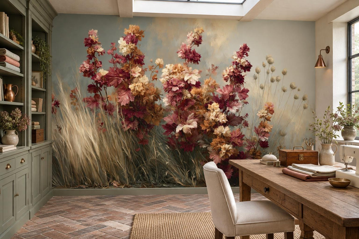 Sage-blue wildflower meadow mural in a home office with green built-in shelving, a wood desk and a herringbone brick floor