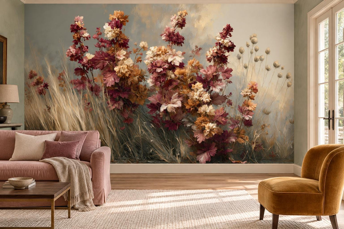 Autumn wildflower and golden grass wall mural in a living room with a dusty-pink sofa and a mustard velvet armchair