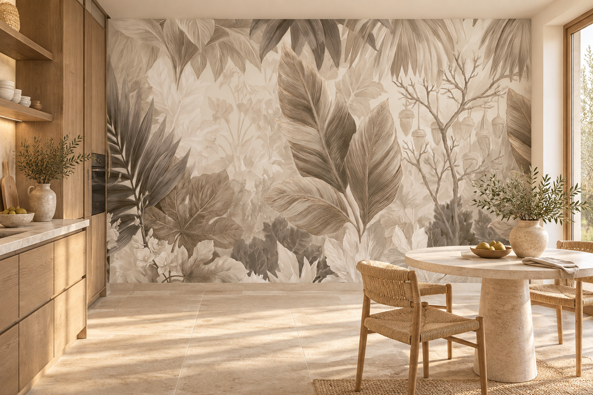 Beige and taupe botanical leaf mural in a kitchen dining nook with wood cabinets, a round white pedestal table and rattan chairs