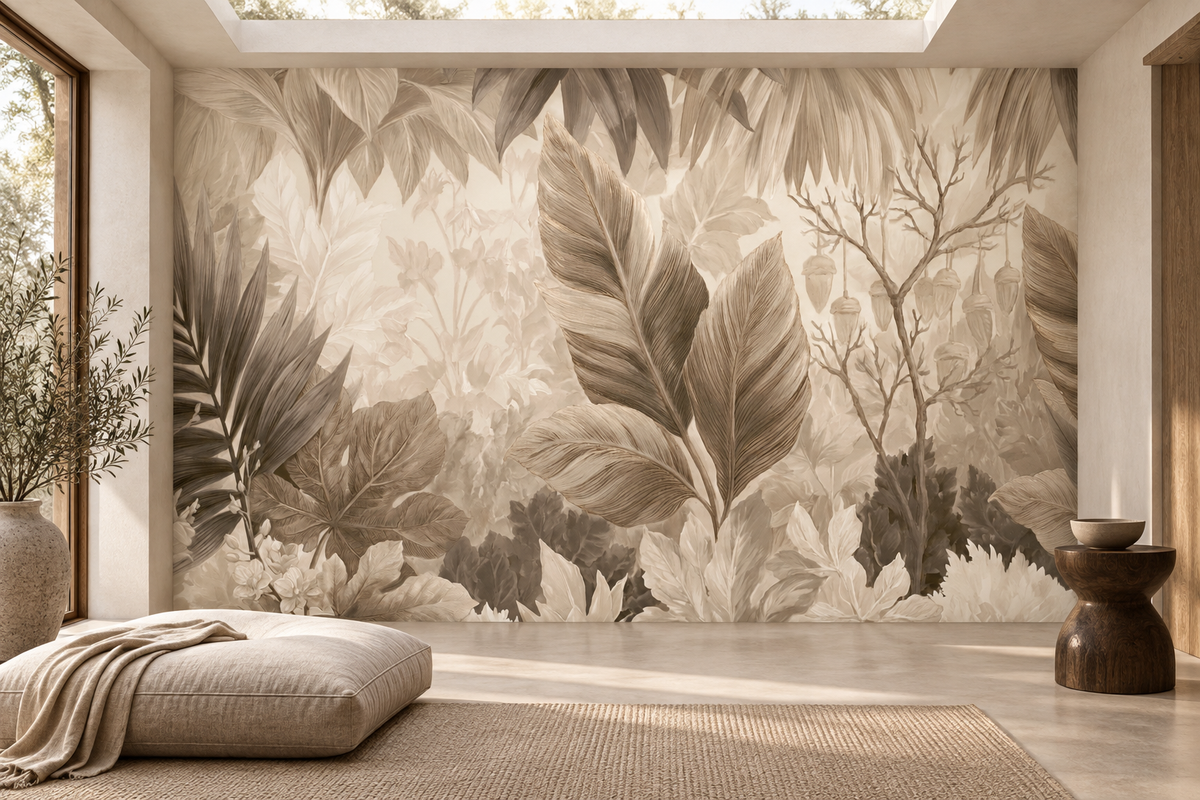 Neutral tonal leaf wall mural in a sunlit living room with a skylight, a floor cushion with a knit throw and a dark wood side table