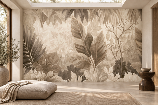 Neutral tonal leaf wall mural in a sunlit living room with a skylight, a floor cushion with a knit throw and a dark wood side table