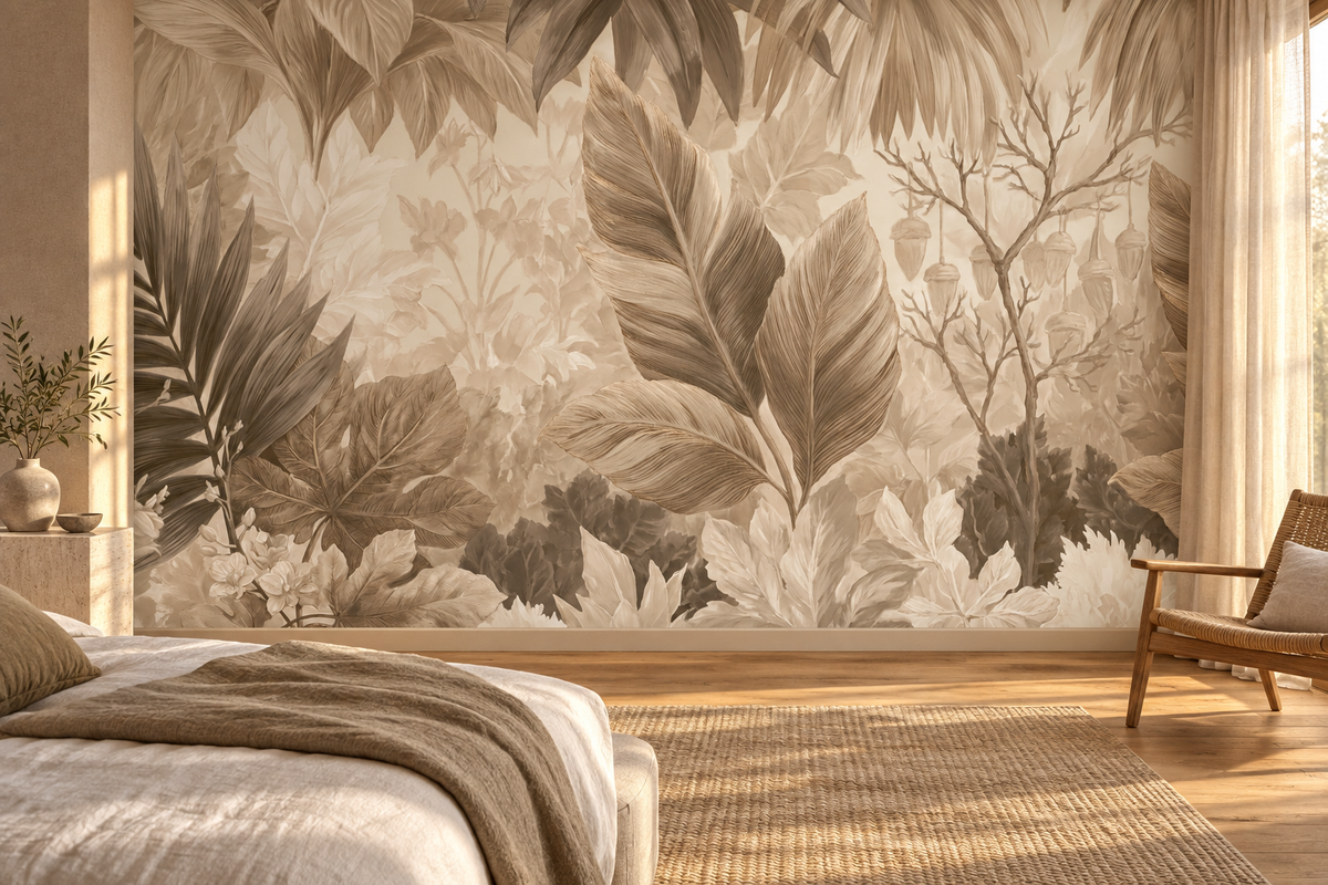 Taupe botanical leaf mural behind a white bed with a beige throw, a wooden chair and sheer curtains in a bedroom