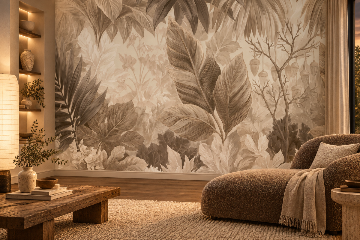 Beige leaf and branch mural in a living room with a boucle chaise, a wood coffee table and built-in shelves