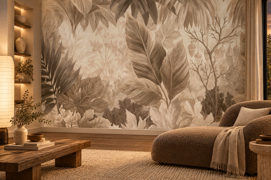 Beige leaf and branch mural in a living room with a boucle chaise, a wood coffee table and built-in shelves