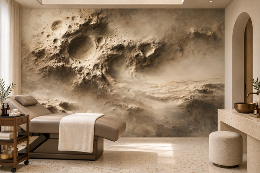 Beige sandstone crater texture mural in a spa treatment room with a massage bed, a wooden trolley and an arched alcove