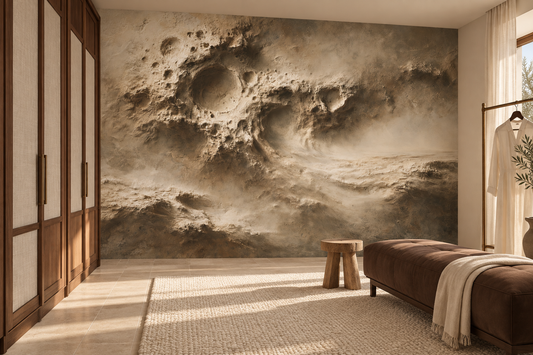Sandstone crater abstract wall mural behind a brown upholstered bench in a dressing room with tall wood-framed wardrobe doors