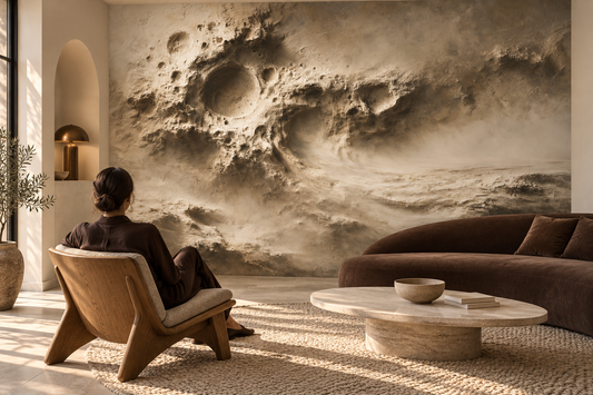 Sculptural beige crater mural in a living room with a curved brown sofa, a travertine coffee table and a lounge chair
