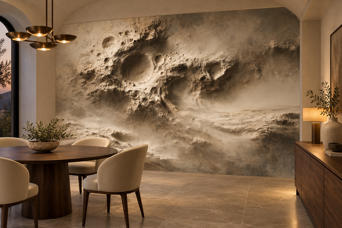 Sandstone crater texture mural in a dining alcove with a round dark wood table, cream upholstered chairs and a brass chandelier