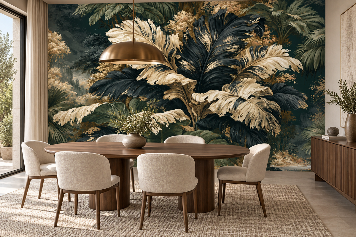 Dark tropical palm leaf mural in a dining room with an oval wood table, cream chairs and a brass pendant light