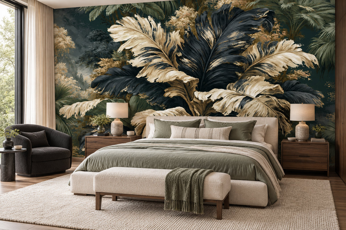 Black, ivory and sage tropical mural behind a bed with sage bedding, a cushioned bench and walnut nightstands with table lamps