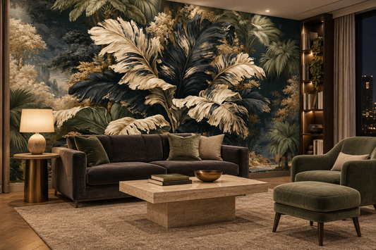 Tropical leaf wall mural in a lounge with a dark brown sofa, an olive armchair and ottoman and a travertine coffee table