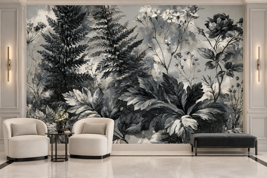 Black and white fern and wildflower mural in a foyer with white wall paneling, two cream boucle chairs and a black bench