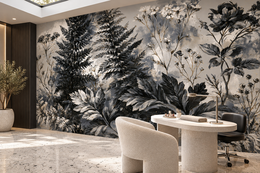 Monochrome botanical wall mural beside a white pedestal desk, a boucle chair and a ribbed dark wood panel in a consultation room