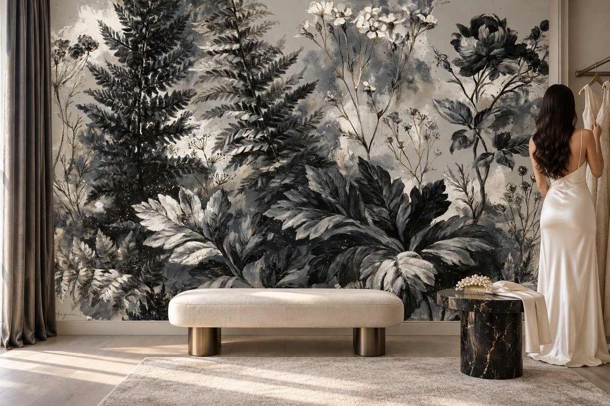Black and white fern mural in a dressing area with a woman in a white gown, a cream bench with brass legs and a black marble side table