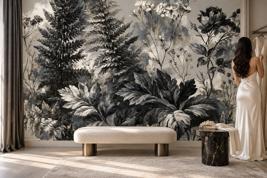 Black and white fern mural in a dressing area with a woman in a white gown, a cream bench with brass legs and a black marble side table