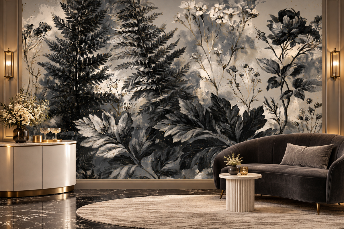 Black and white botanical mural in a lounge with gold wall sconces, a white console with flowers and a dark velvet sofa on a round rug