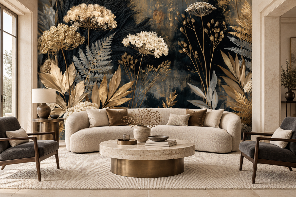 Black and gold dried flower mural behind a curved cream sofa, two dark armchairs and a round marble coffee table in a salon