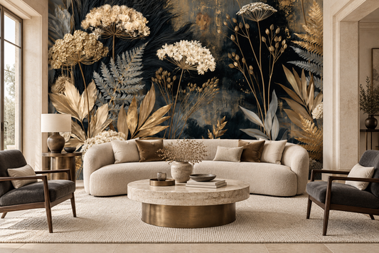 Black and gold dried flower mural behind a curved cream sofa, two dark armchairs and a round marble coffee table in a salon